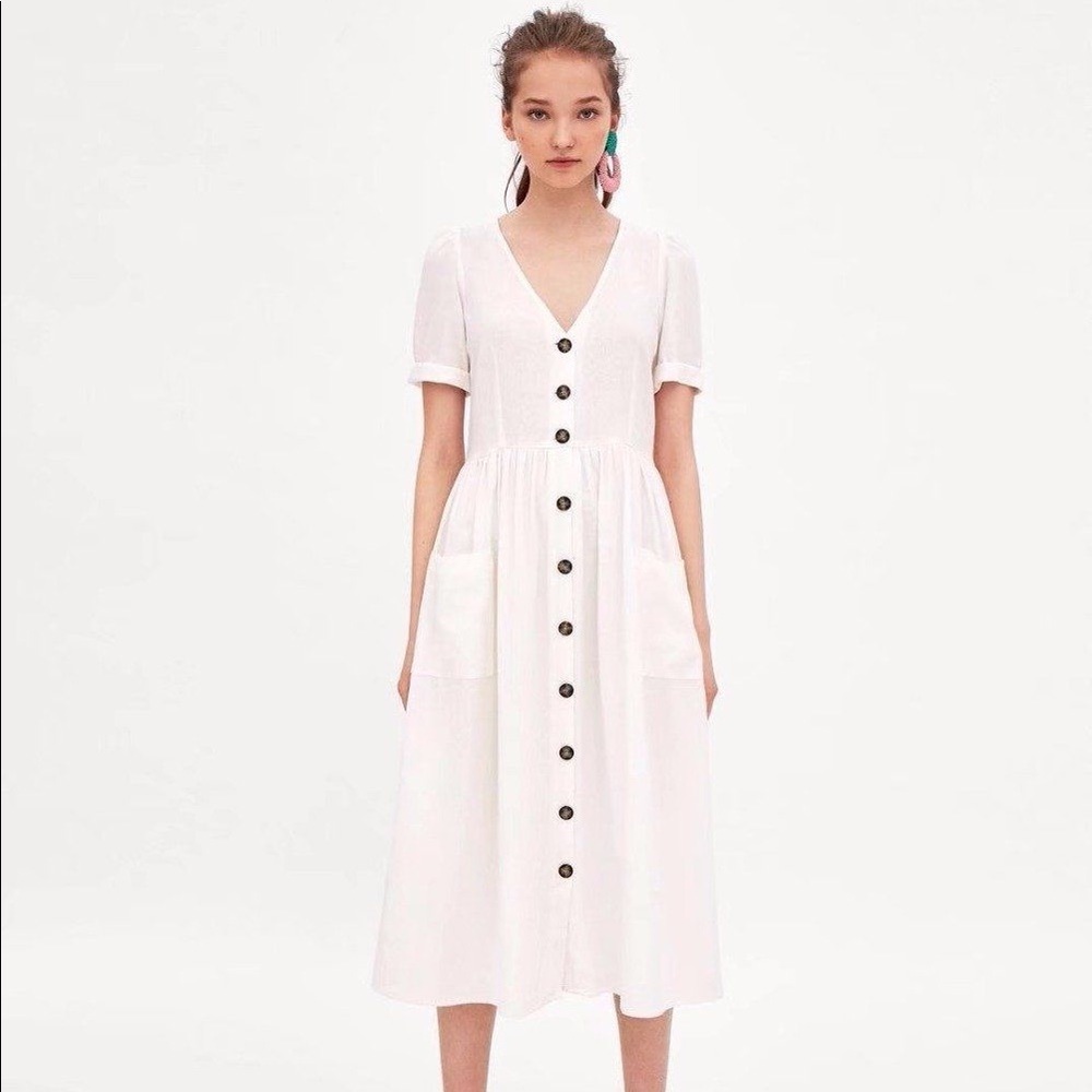 Zara White Button-Front Midi Dress